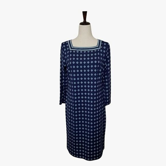 Talbots Navy Blue & Mint Green Patterned Square Neck Stretch Shift Dress Size M - Picture 1 of 6